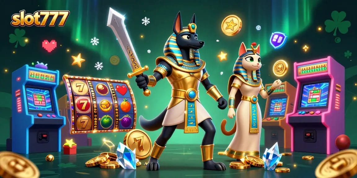 Mainkan slot777 dengan Anubis dan Bastet dalam ilustrasi 3D yang berkilau dan penuh warna.