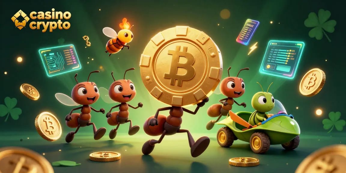 Les joueurs explorent le casino crypto avec des personnages de dessin animé transportant une puce en or.