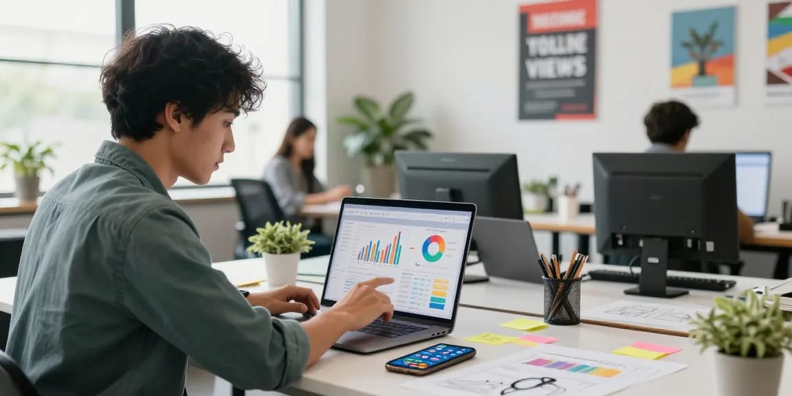 Analyzing data for buying YouTube views to boost channel engagement in a modern office.