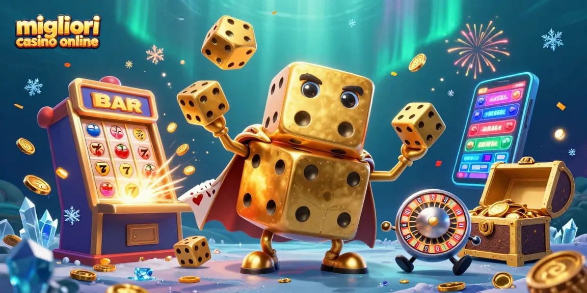 Scopri i migliori casinò online con la nostra vivace illustrazione di un golem di dadi che gioca e vince.