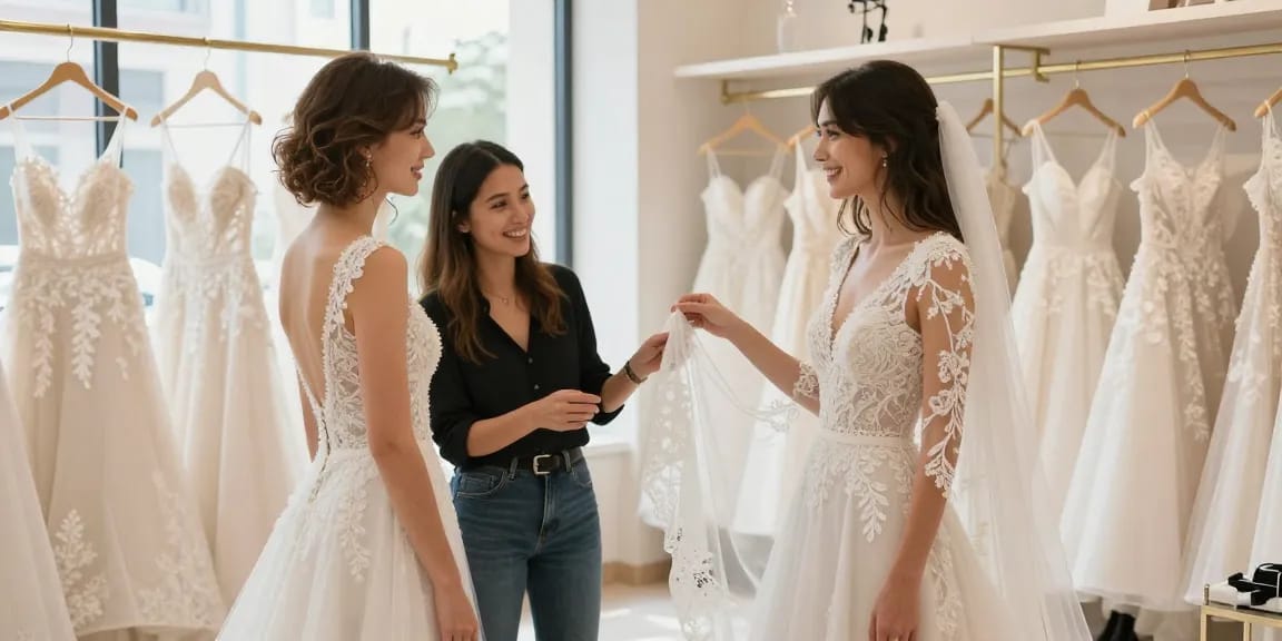 Consulenza di Bridal styling con stylist e sposa in boutique elegante.