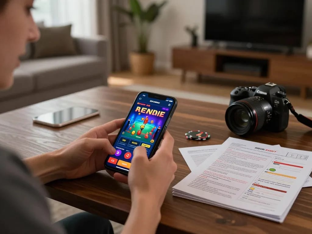 rokok88 player engaging with a mobile casino app in a cozy home setup