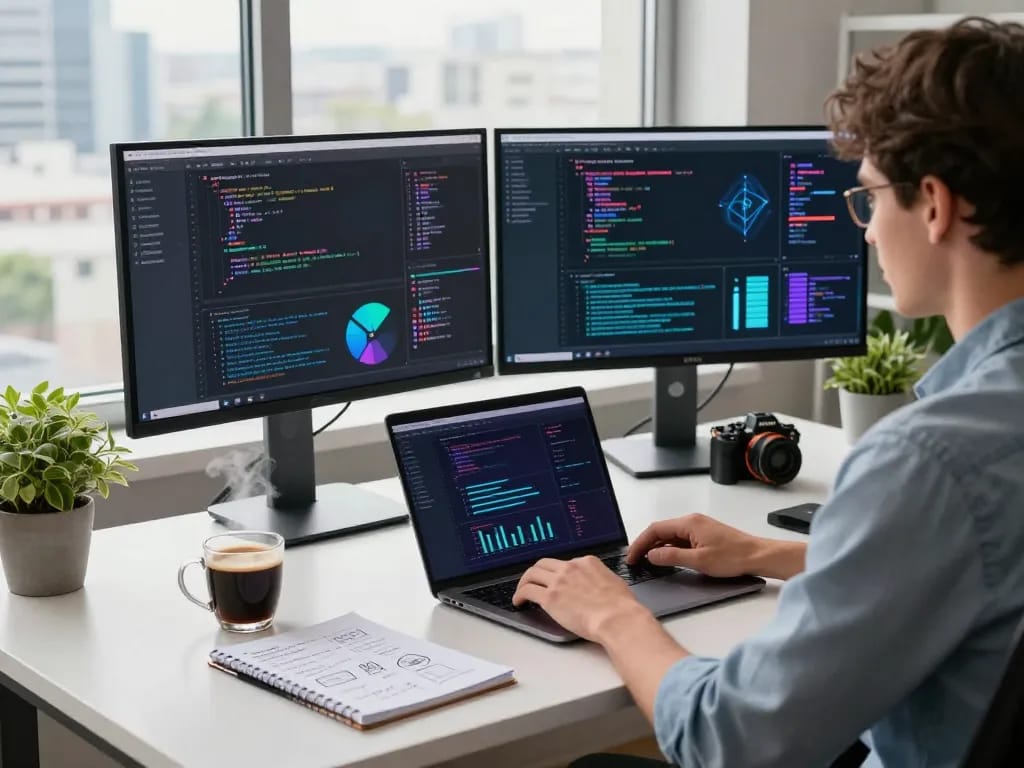 Developer implementing moltbot AI in a modern workspace with dual monitors and creative notes.