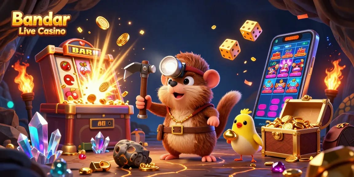 Experience the thrill of Bandar Live Casino with vibrant slot machines and exciting game elements.