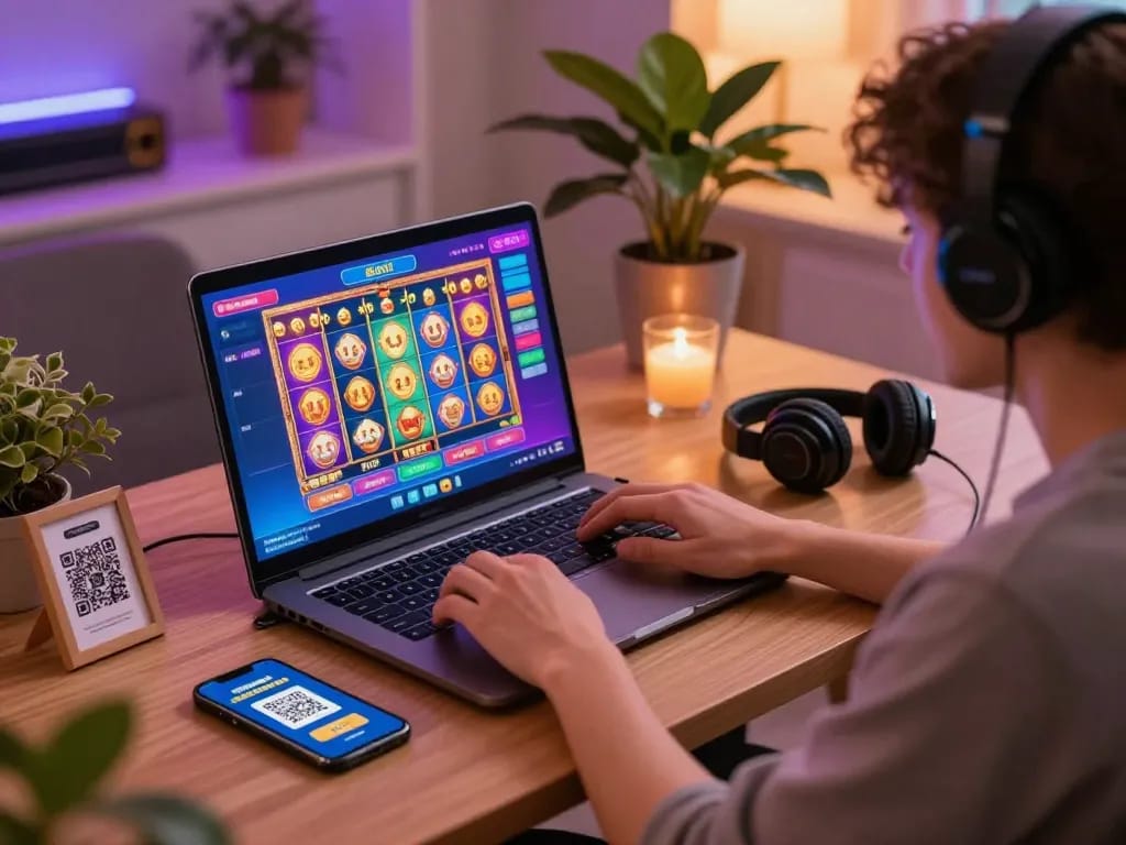 Engaging slot qris gaming environment with user happily playing on a laptop while highlighting easy QRIS deposits