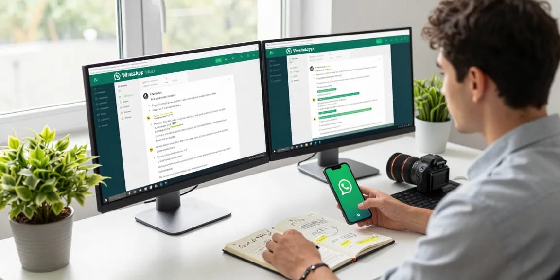 Dynamic workspace with WhatsApp網頁版 displayed on screens, capturing communication and productivity.