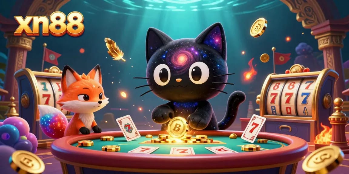 Engage with vibrant xn88 casino fun at a cosmic table with slot reels and fortune-themed elements.