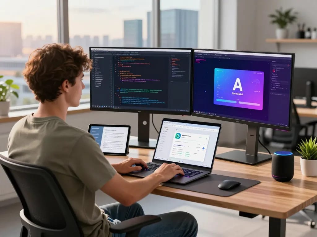 A developer using OpenClawd personal AI assistant on dual monitors in a modern workspace.