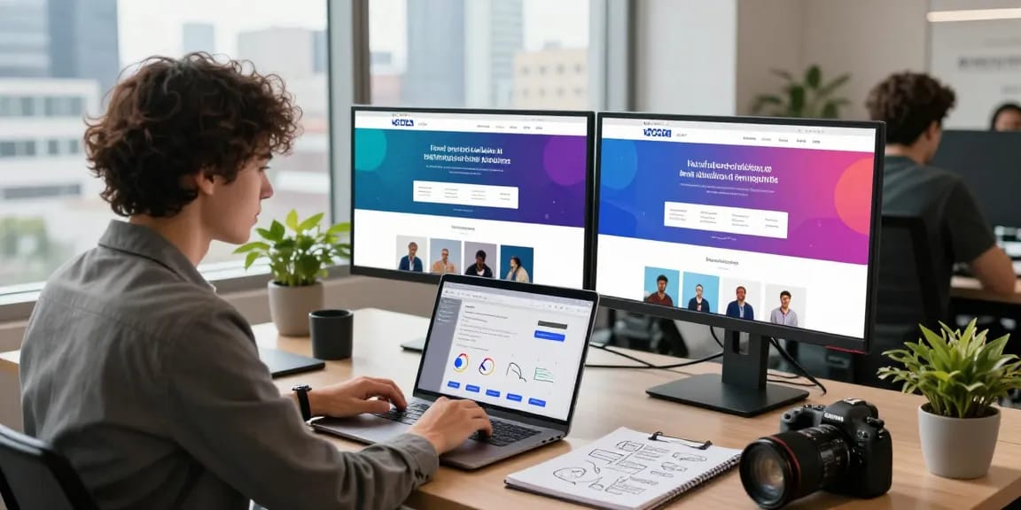 Custom landing page templates displayed on dual monitors in a modern marketing agency