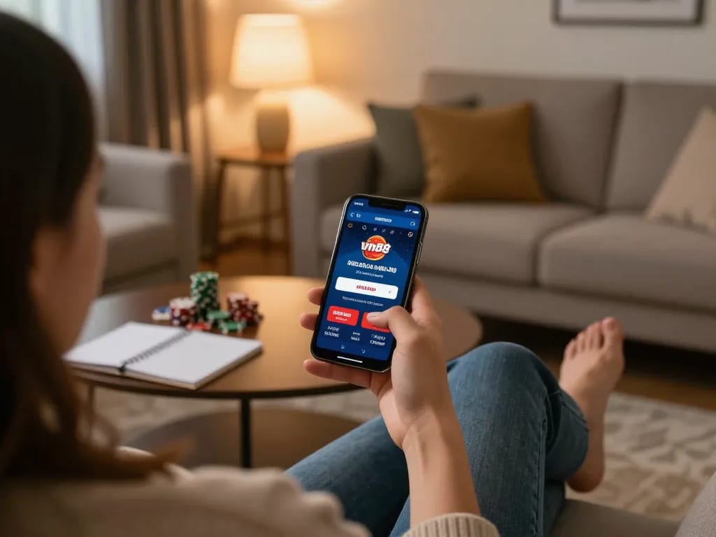 Player engaging with vin88 casino app on smartphone in cozy home setting, emphasizing strategic online gambling experience.
