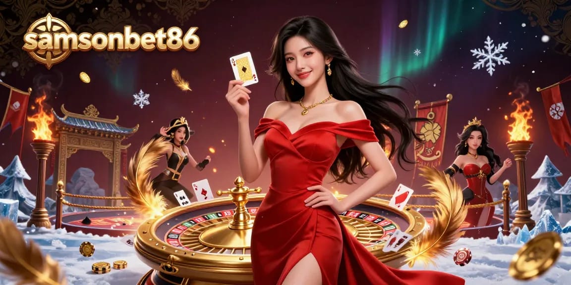Spin the roulette with samsonbet86, showcasing a glamorous casino scene with a confident dealer holding playing cards.