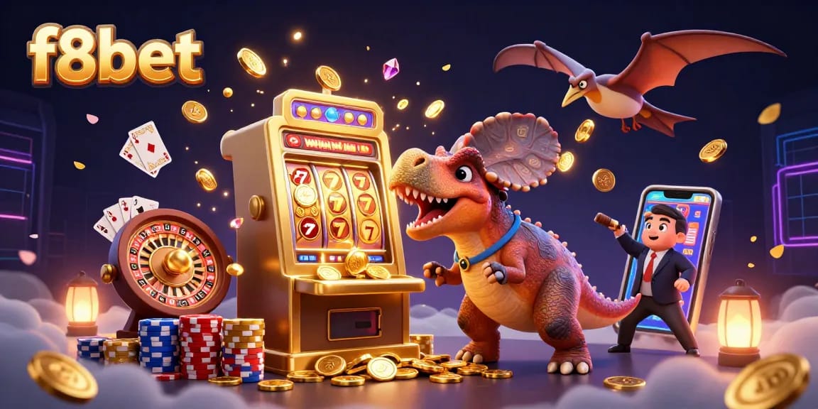 Experience the thrill of f8bet with a dinosaur-themed jackpot win illustration in a vibrant casino setting.