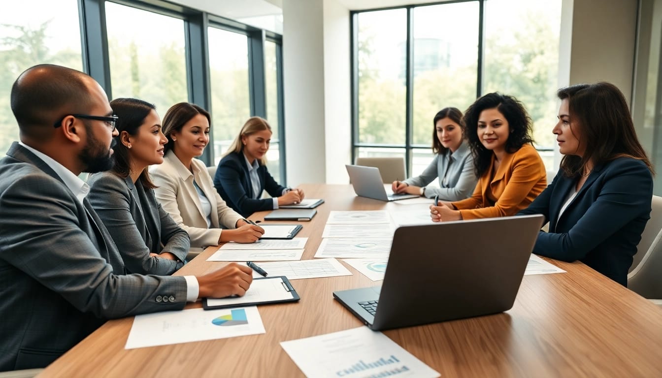 Business professionals collaborating on contracts and grants at a conference table.