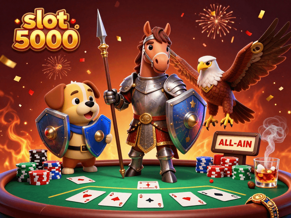 Experience the thrill of slot 5000 with 3D cartoon characters in a rich gambling scene.