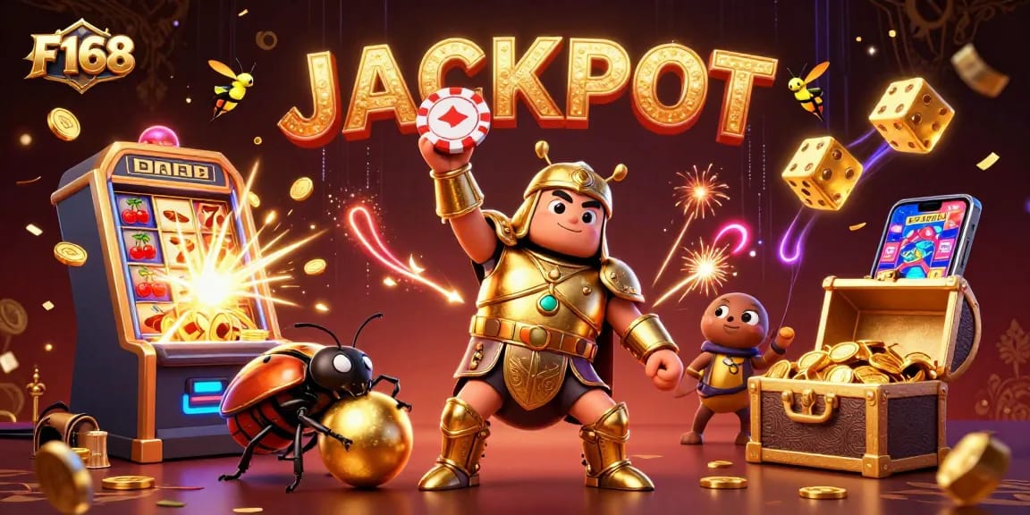 Experience the excitement of F168 with dynamic 3D characters celebrating a jackpot moment in the casino.
