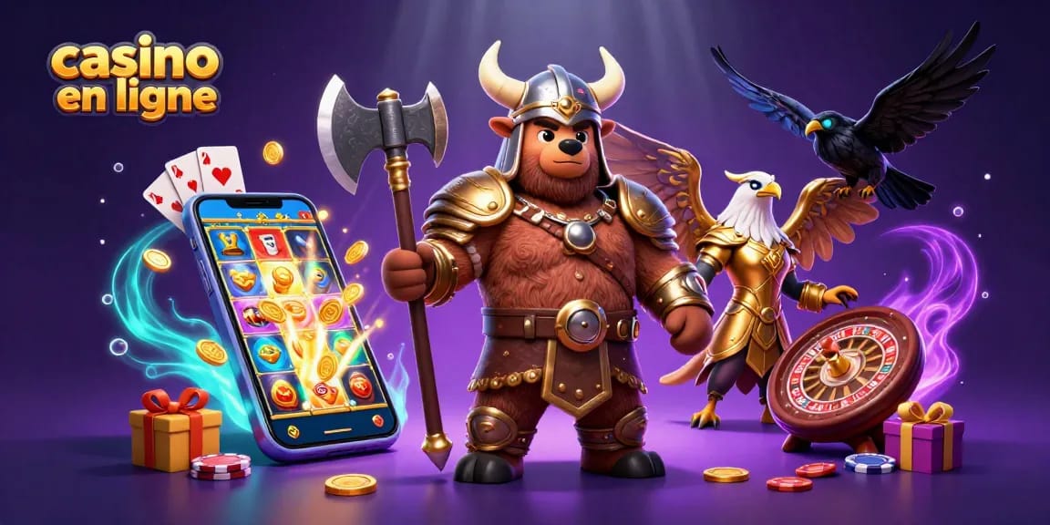 Casino en ligne avec un ours viking et une aigle valkyrie entourés de jeux de casino.