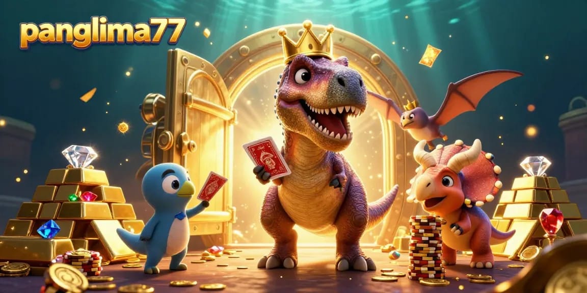 Engage with panglima77 by witnessing a vibrant 3D illustration of a T-Rex playing cards in a golden casino scene.