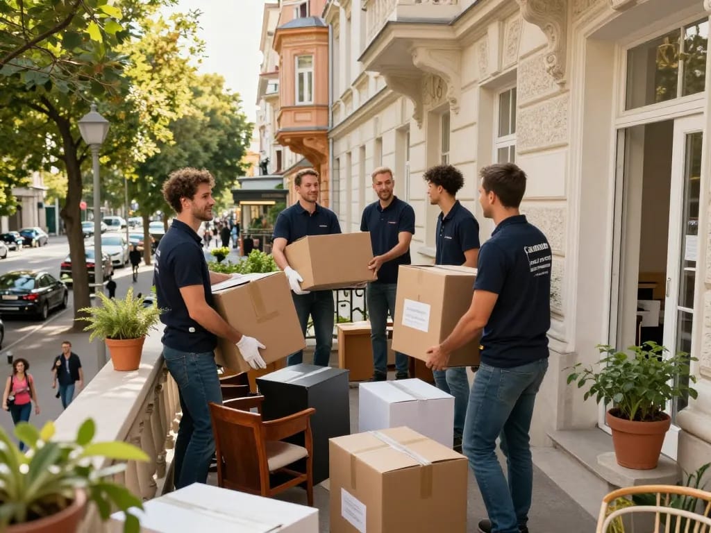 Entrümpelung Wien - professionelle Umzugshelfer, die Möbel und Kisten in einem lebhaften Wiener Stadtteil entrümpeln