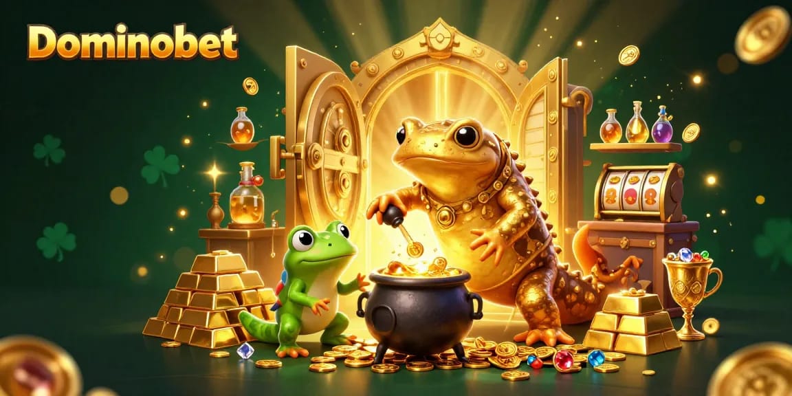 Experience high-energy gaming action with Dominobet's vibrant 3D illustration of magical alchemy and slot excitement.