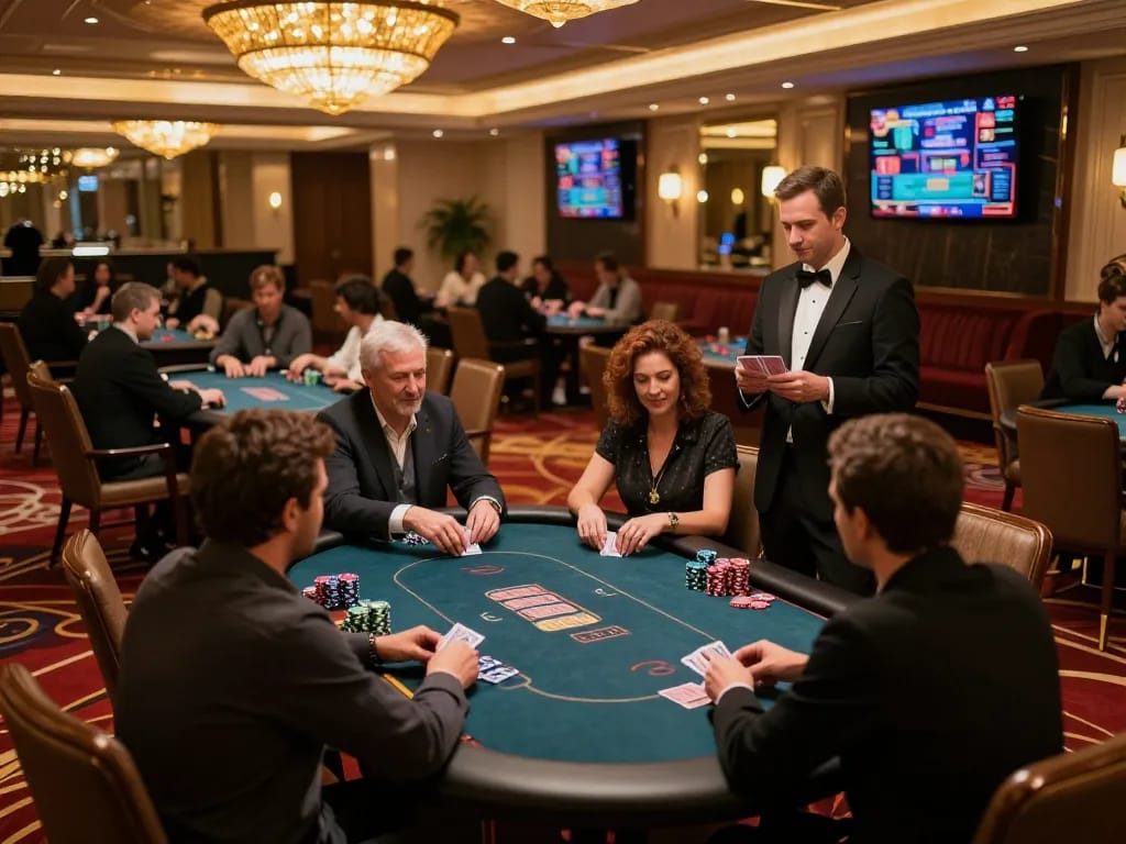 Players at 98win poker tables engaging in strategic gameplay under dramatic lighting