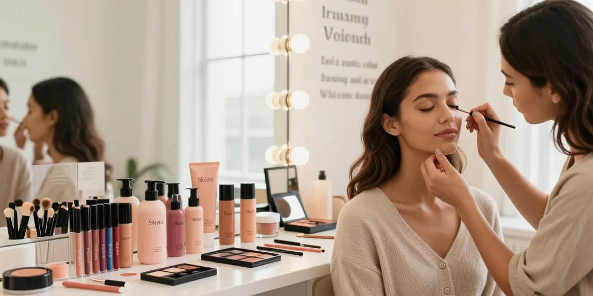 Natural makeup wholesale products on vanity with artist applying makeup, diverse model featured.