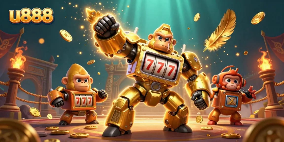 Experience thrilling gameplay with u888’s dynamic 3D gaming scene featuring a golden gorilla mech.