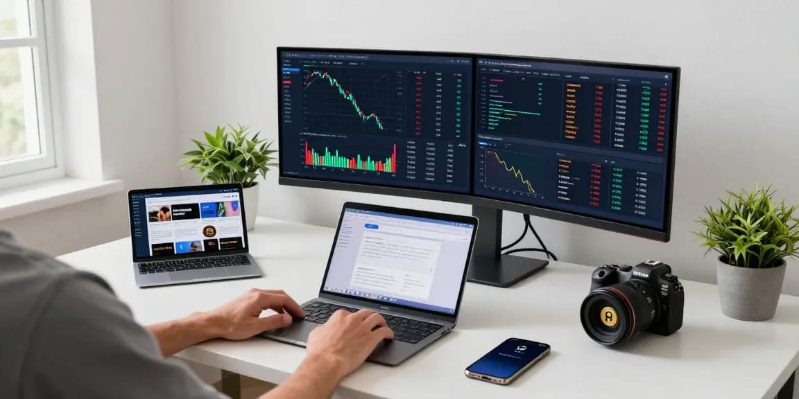 cloud mining company professional workspace with cryptocurrency trading interfaces and DeFi analytics tools