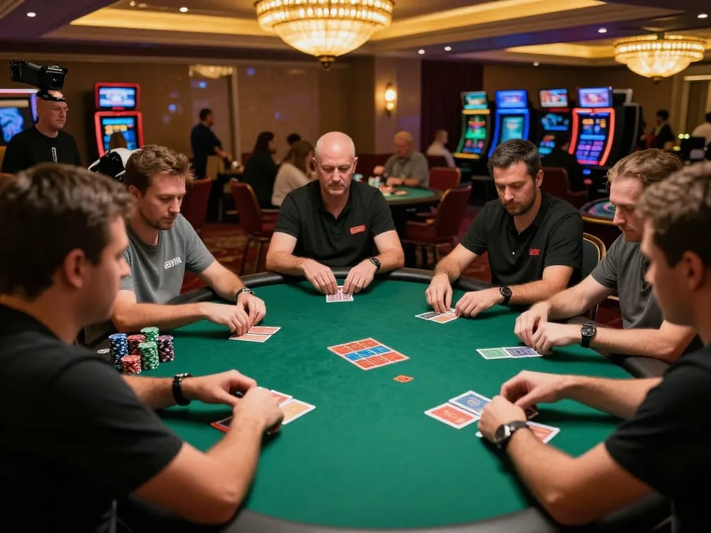 Engaged players strategizing at a poker table in a luxurious casino, showcasing five88g gaming excitement