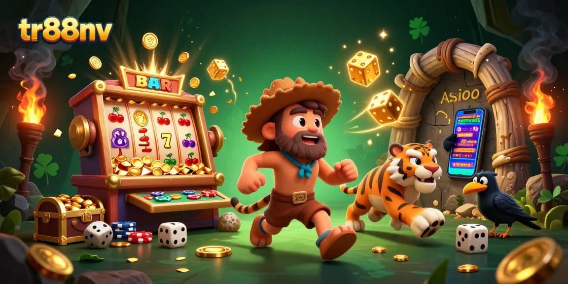 Experience tr88nv's exciting prehistoric casino adventure with dynamic slot machines and playful caveman characters.