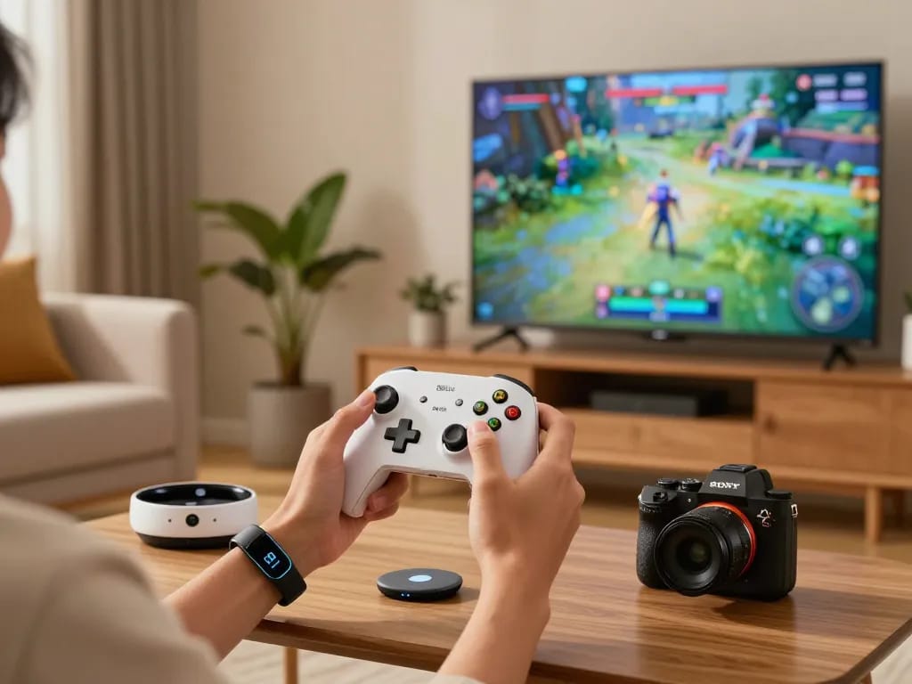 Innovative tech gadgets enhancing a cozy living room gaming scene with 8BitDo Ultimate 2 controller and Fitbit Charge 6.
