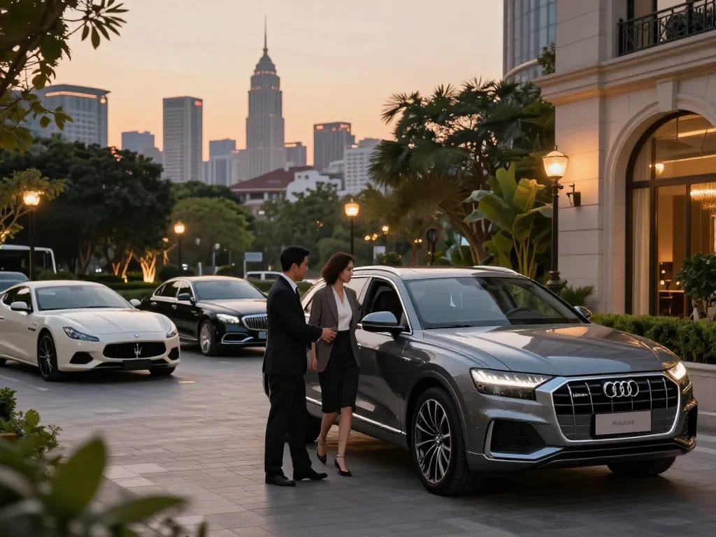 Trải nghiệm cho thuê xe ô tô hạng sang với Audi Q8 thanh lịch và tài xế chuyên nghiệp trong một bối cảnh đô thị cao cấp.
