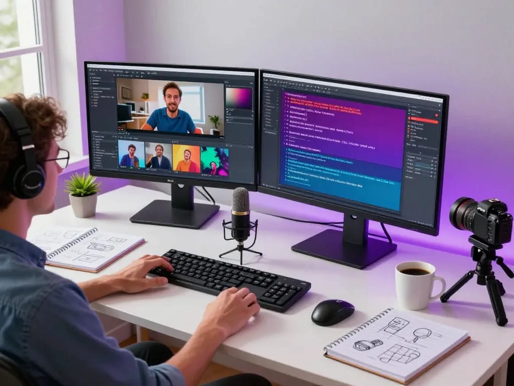 Video to prompt generation in a modern creative workspace showcasing AI prompts on dual monitors.