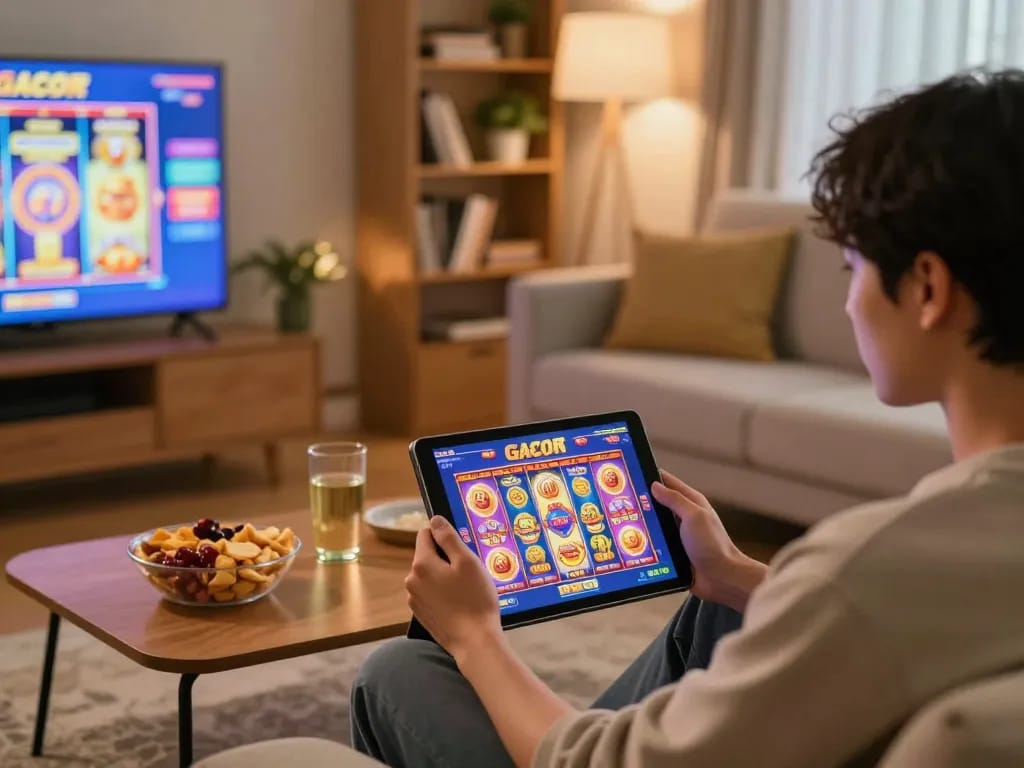 Engaging in online slot gacor gameplay on a tablet in a cozy home setting.