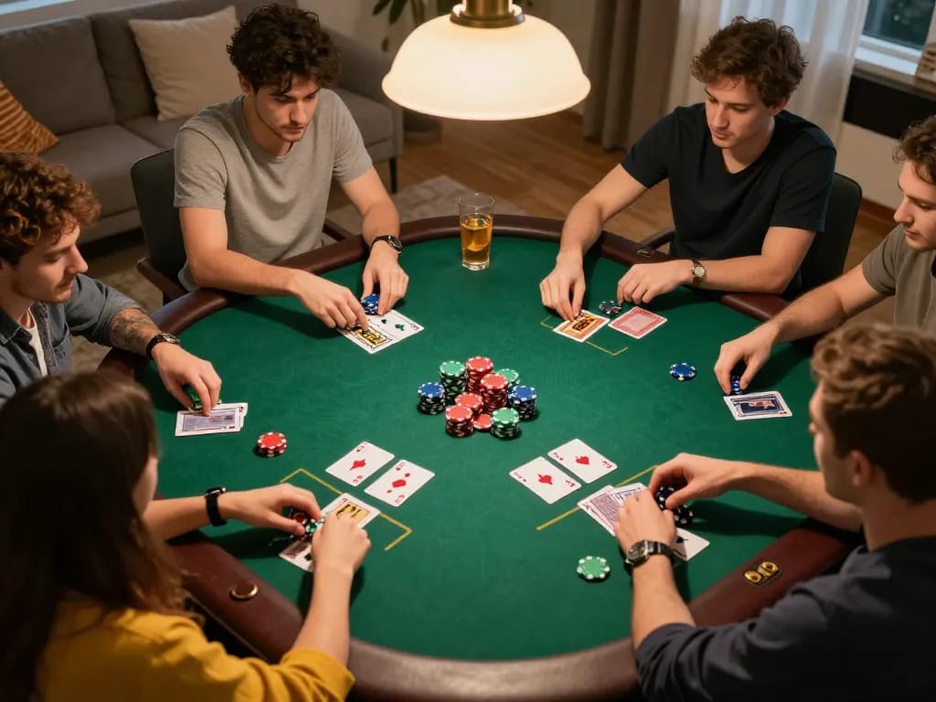 Friends playing poker at home with TT88 chips and cards visible, enjoying a lively gaming session.