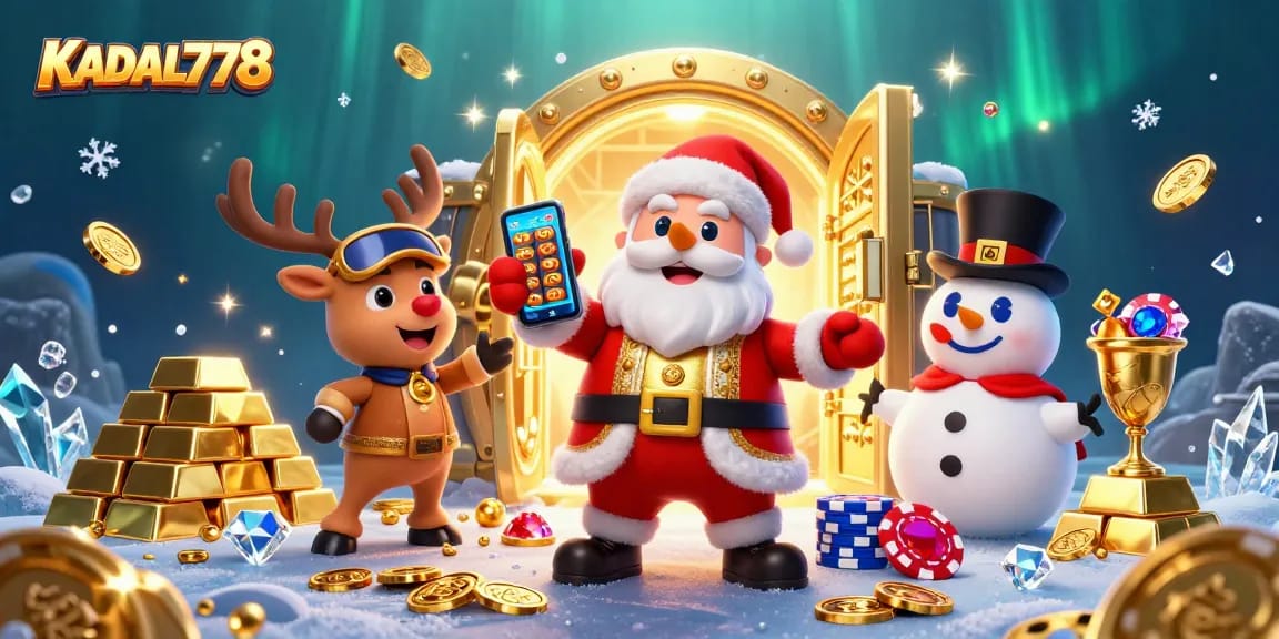 Win big at KADAL778 with a dazzling casino scene featuring festive characters and rich treasures!