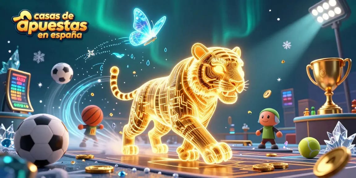 Apuesta emocionante en casas de apuestas en España con un tigre dorado y elementos deportivos brillantes.