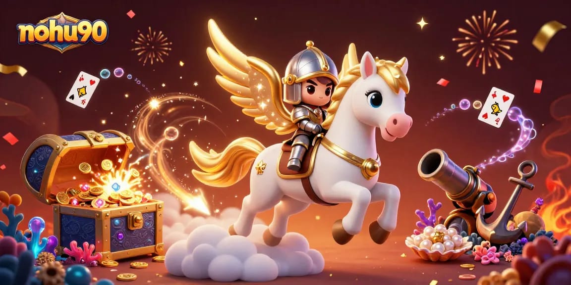 Experience the thrill of nohu90 with cartoon knights and gold treasures in an enchanting casino setting.