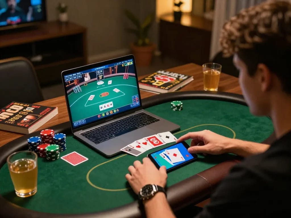 Engage in strategic online gambling at abc8go with a focused gaming setup showcasing poker gameplay.