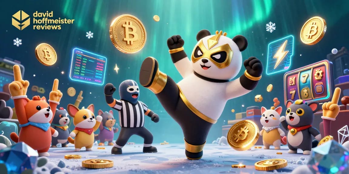 david hoffmeister reviews showcase an exciting casino scene with a panda wrestler and luminous crypto elements