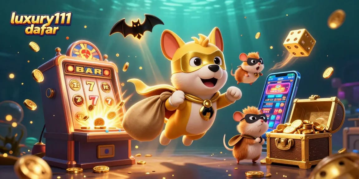Win big with luxury111 daftar, featuring a superhero dog, coins, and exciting casino elements.