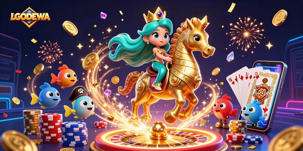 Spin the reels with LGODEWA's vibrant mermaid scene featuring slots, coins, and excitement.