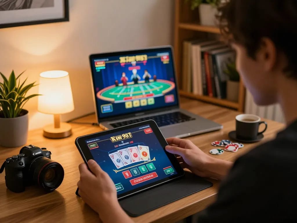 Engaging online gaming session at home with kim99 on tablet showing cards and betting.