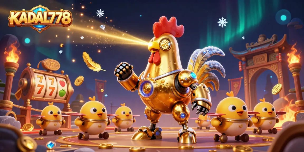 KADAL778 showcases an energetic 3D casino scene with dynamic characters and vibrant slot game elements.