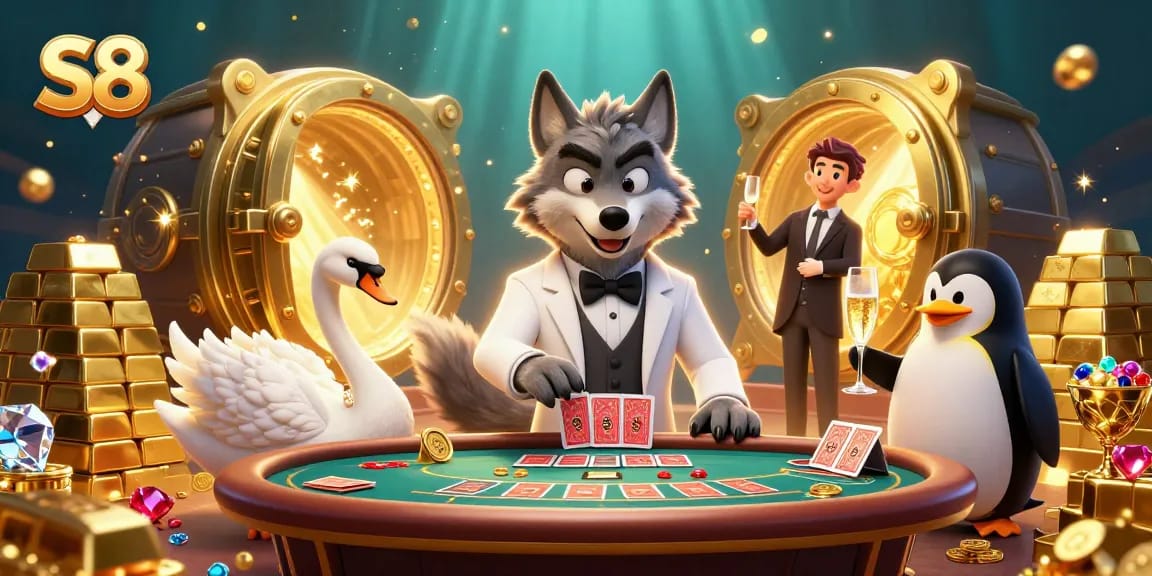 Win exciting prizes with S8 by playing at the baccarat table in this vibrant casino scene.