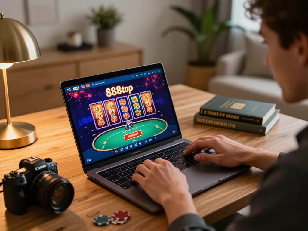 Engaged player placing bets on 888top online casino platform with vibrant poker interface.