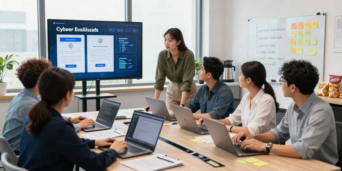 Team collaborating on how to get cyber essentials certified in a bright office.