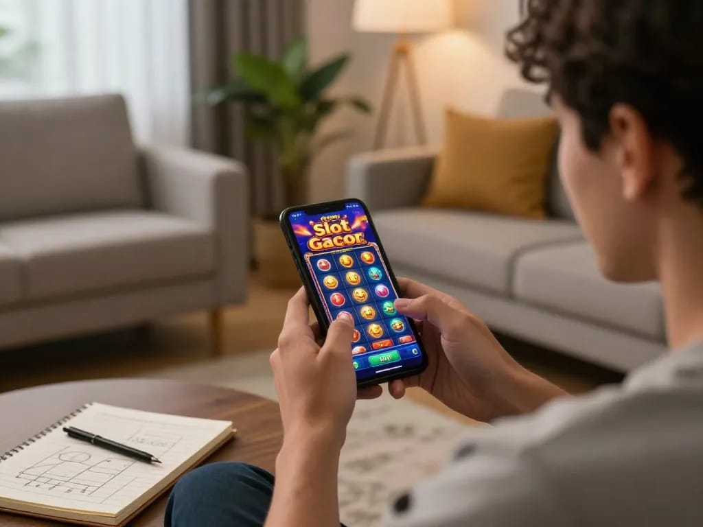 Player enjoying Slot Gacor Dewagg on smartphone, relaxed home gaming atmosphere