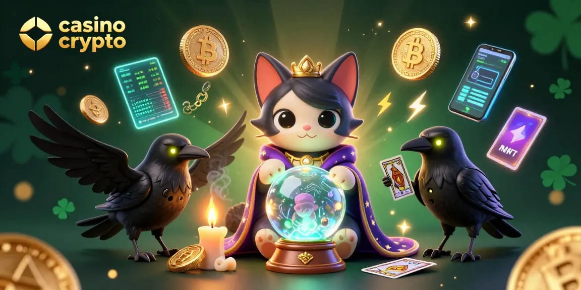 Profitez de l'expérience du casino crypto avec des personnages mystiques entourés de cryptomonnaies brillantes.