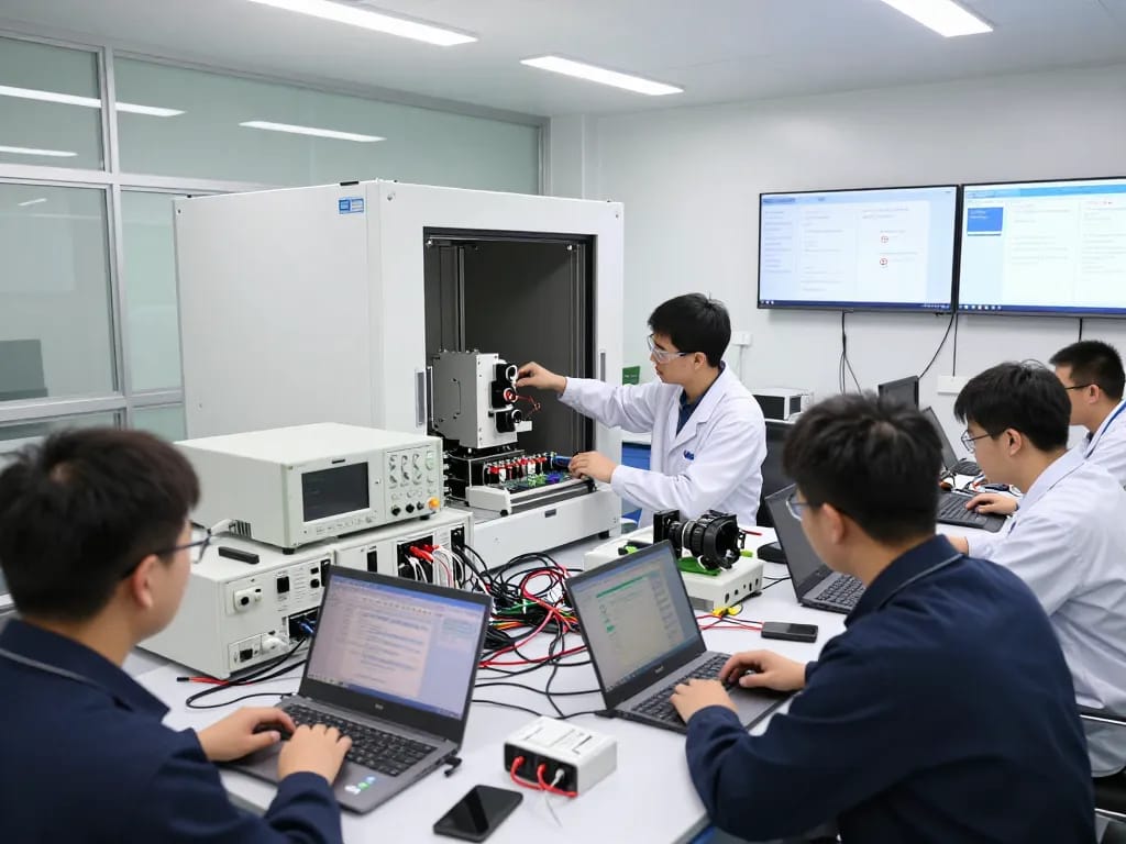 Engineers conducting Type approval tests in an advanced EMC testing laboratory.