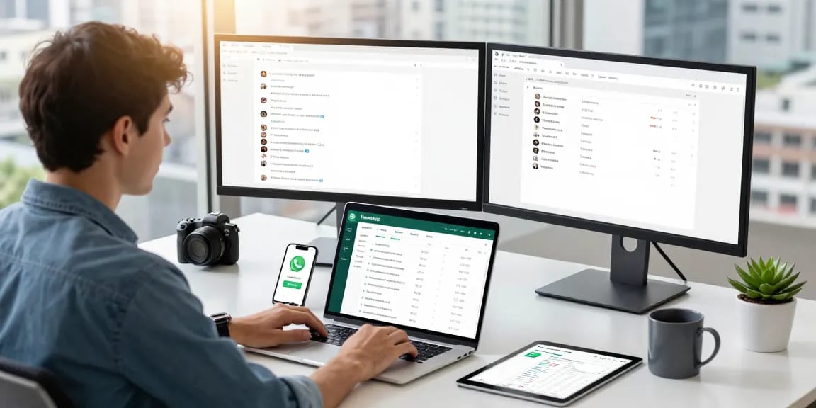 Professional workspace showcasing WhatsApp網頁版 on laptop and smartphone, enhancing communication and productivity.